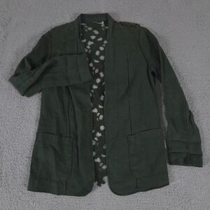 Elie Tahari Jacket Womens Medium Green Open Front Crochet Knit Back 100% Linen